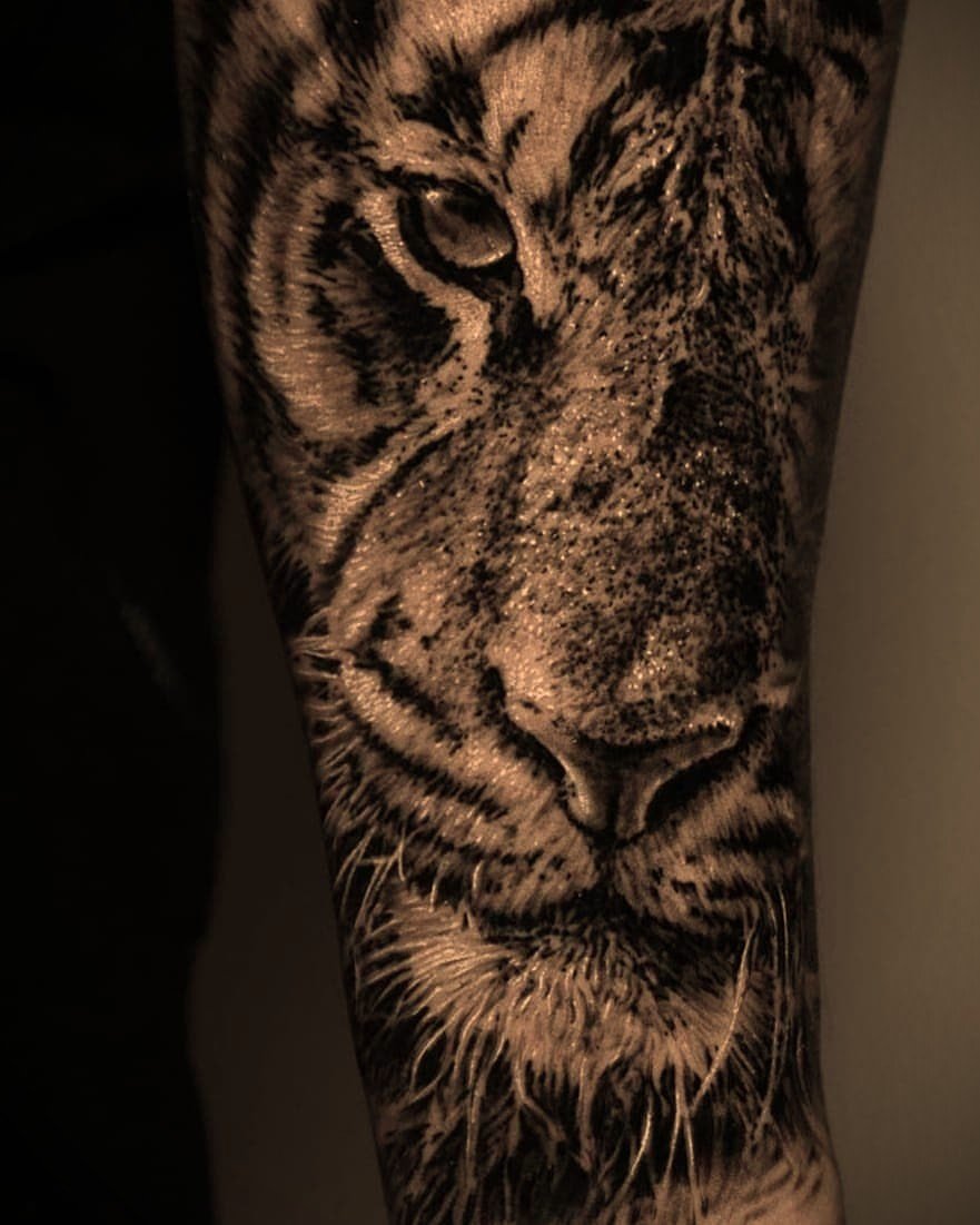 Realistic lion or tiger head tattoo in black and grey with gold tones